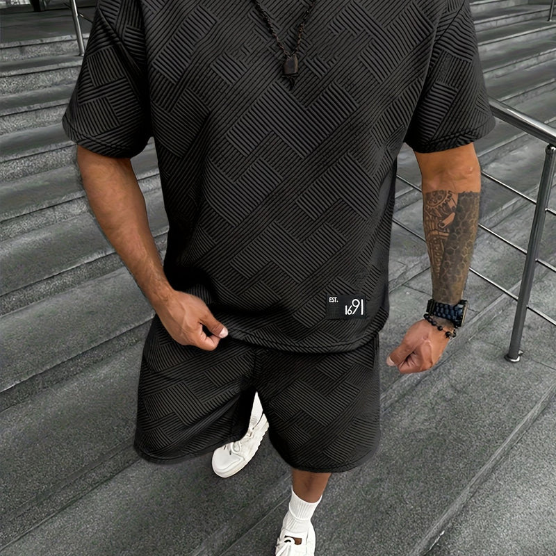 Męski Trendy T-shirt i Szorty z Żakardowym Wzorem – Casual i Sportowy na Gorące Dni