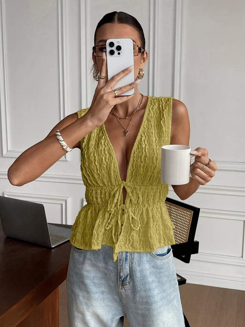 Damska Casual Elegancka Bluzka Bez Rękawów – Francuski Styl z Dekoltem w Kształcie V i Falbankami