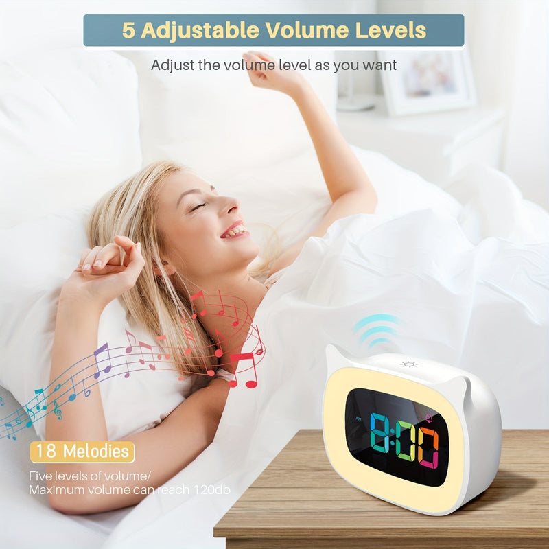 Uroczy Budzik z Kocimi Uszkami – RGB Lampka Nocna z 18 Melodiami i Ładowaniem USB