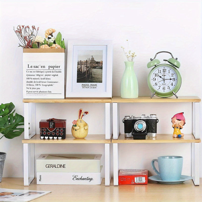 2-részes Állítható Bambusz Polcok – Stílusos és Helytakarékos Szekrénybe vagy Pultfelületre