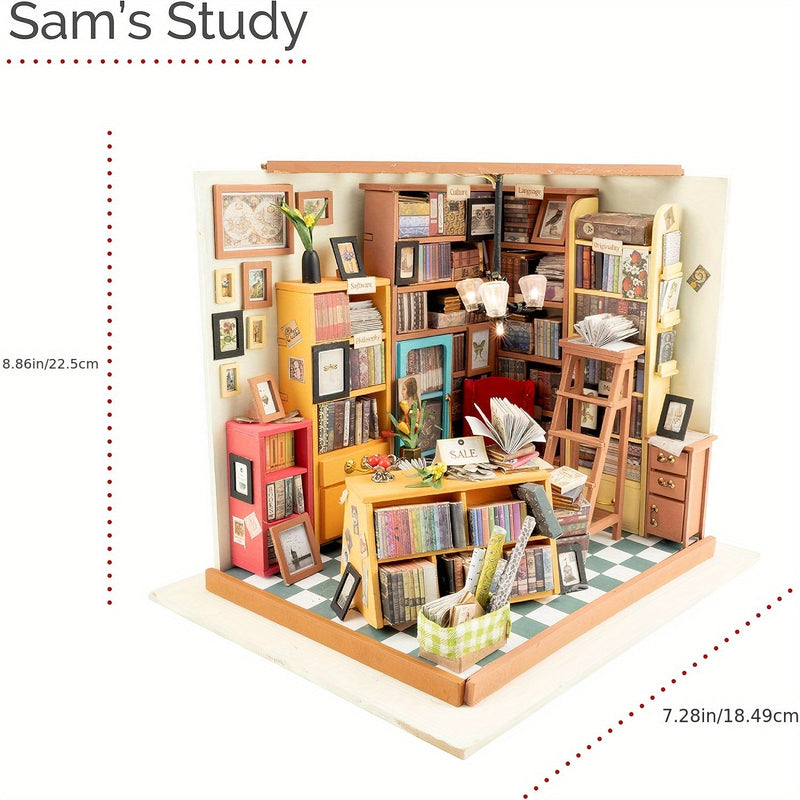 Zestaw Miniaturowego Domu DIY – Biuro Sama z Szczegółowymi Półkami na Książki i Meblami