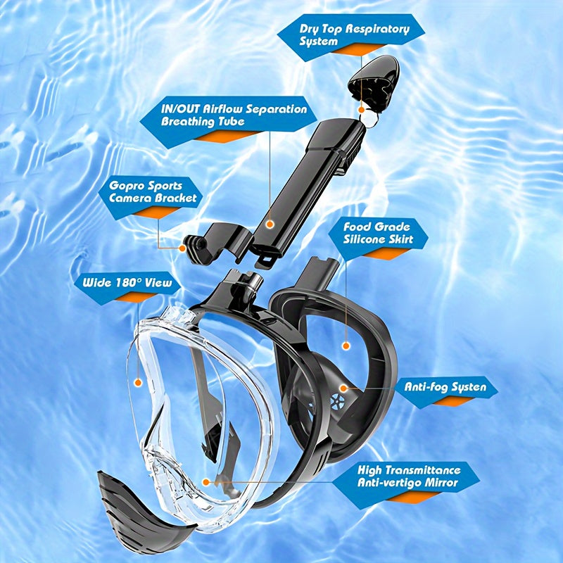 Mască de snorkeling pentru față întreagă – vedere panoramică de 180° și montare cameră pentru experiențe excelente sub apă