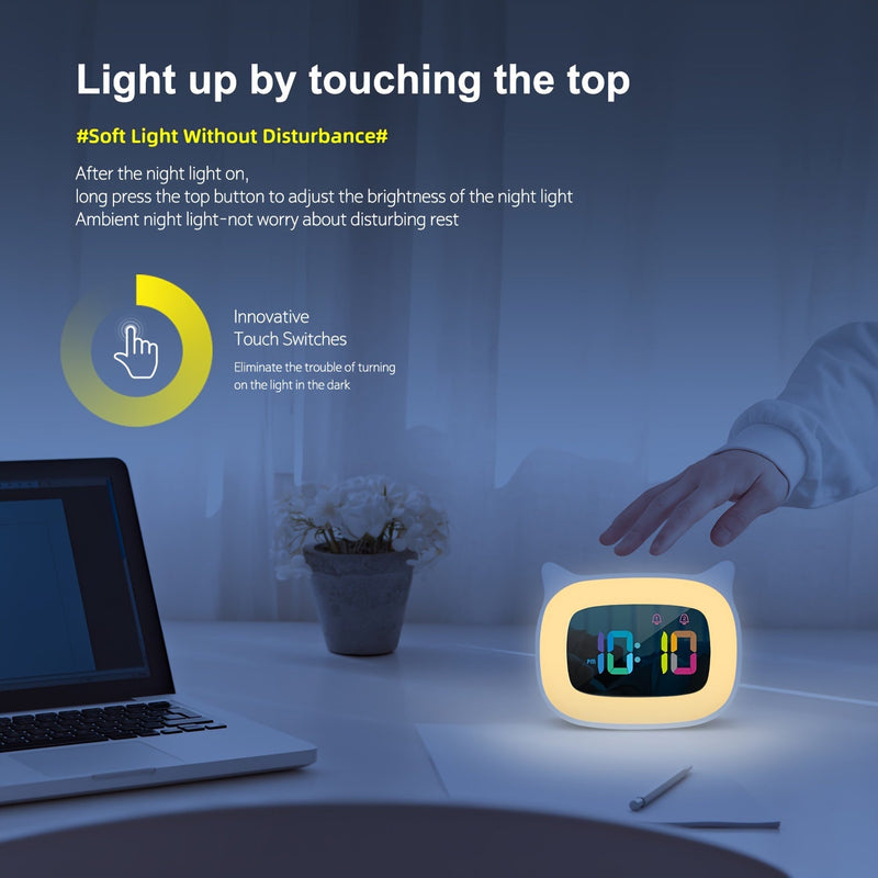 Uroczy Budzik z Kocimi Uszkami – RGB Lampka Nocna z 18 Melodiami i Ładowaniem USB