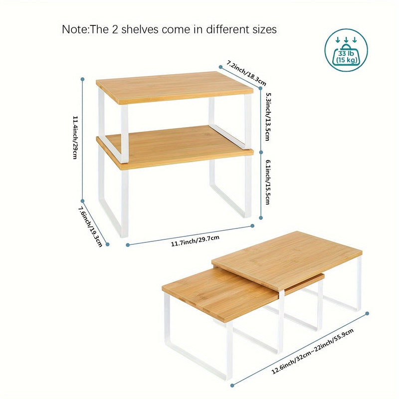 2-részes Állítható Bambusz Polcok – Stílusos és Helytakarékos Szekrénybe vagy Pultfelületre