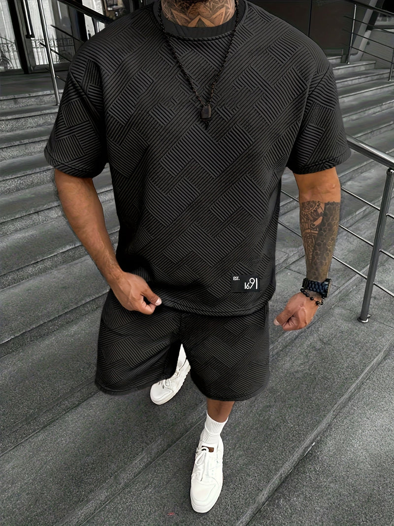 Męski Trendy T-shirt i Szorty z Żakardowym Wzorem – Casual i Sportowy na Gorące Dni