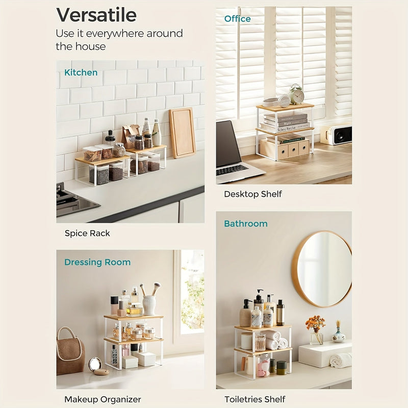 2-részes Állítható Bambusz Polcok – Stílusos és Helytakarékos Szekrénybe vagy Pultfelületre