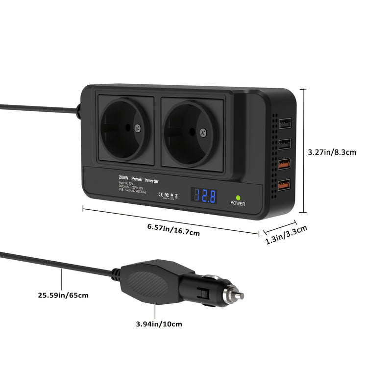 Kompaktowy 200W Inwerter Samochodowy – Podwójne Gniazda i Cztery USB