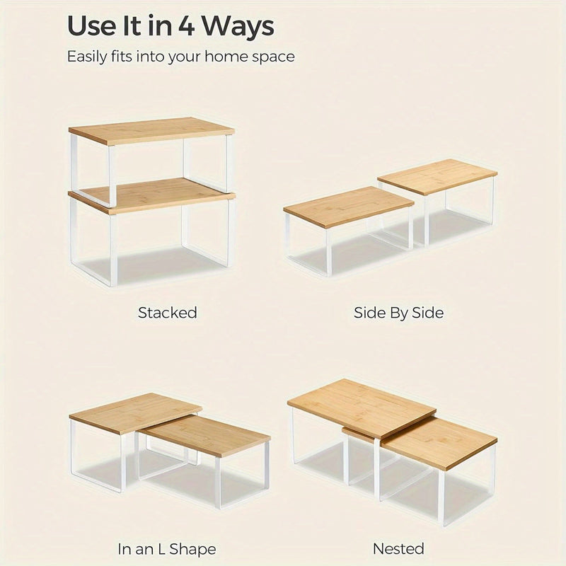 2-részes Állítható Bambusz Polcok – Stílusos és Helytakarékos Szekrénybe vagy Pultfelületre