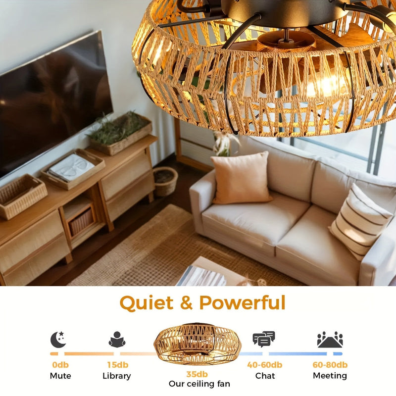 Ručně vyrobený stropní ventilátor z ratanu – Zen styl a funkčnost