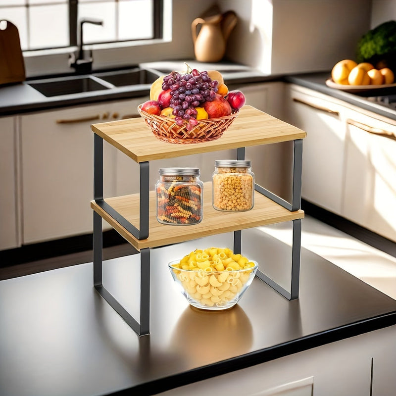 2-részes Állítható Bambusz Polcok – Stílusos és Helytakarékos Szekrénybe vagy Pultfelületre