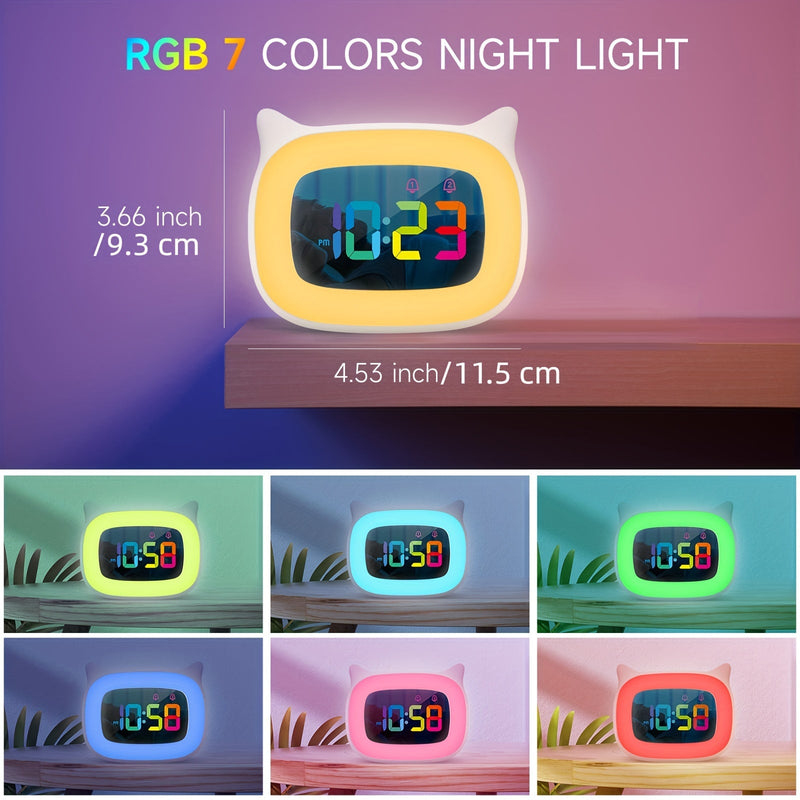 Uroczy Budzik z Kocimi Uszkami – RGB Lampka Nocna z 18 Melodiami i Ładowaniem USB
