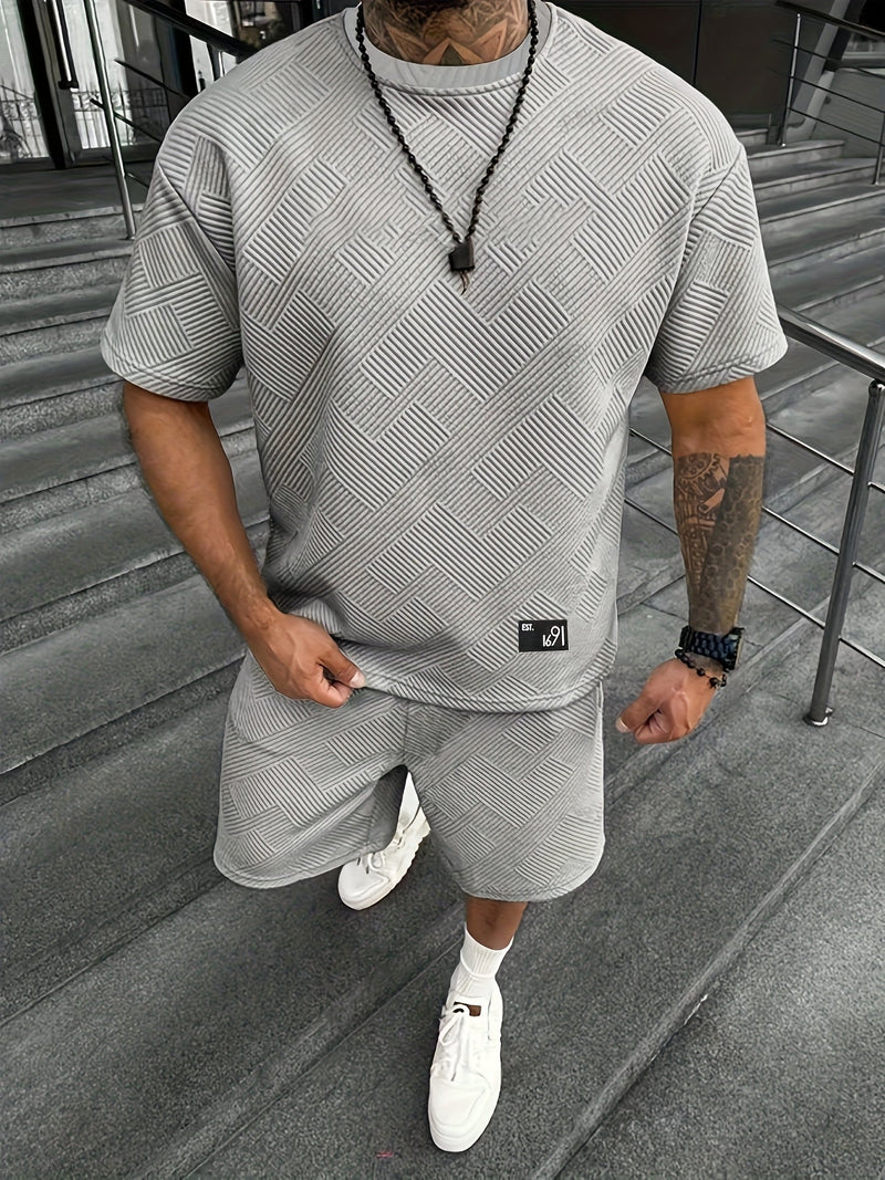 Męski Trendy T-shirt i Szorty z Żakardowym Wzorem – Casual i Sportowy na Gorące Dni