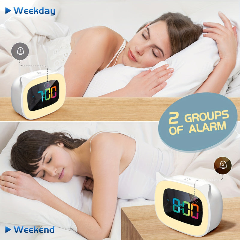 Uroczy Budzik z Kocimi Uszkami – RGB Lampka Nocna z 18 Melodiami i Ładowaniem USB