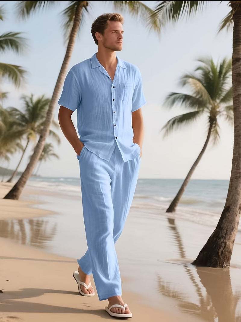 Męski Casualowy Zestaw Lnianych Ubrań – Wygodny i Przewiewny z Długimi Spodniami i Krótkim Rękawem