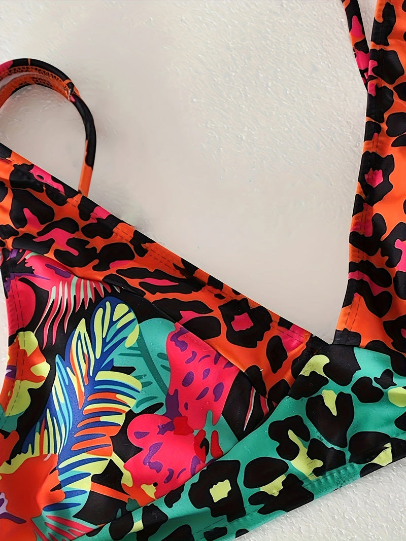 Bikini tropical cu talie înaltă și model leopard – stilat și confortabil