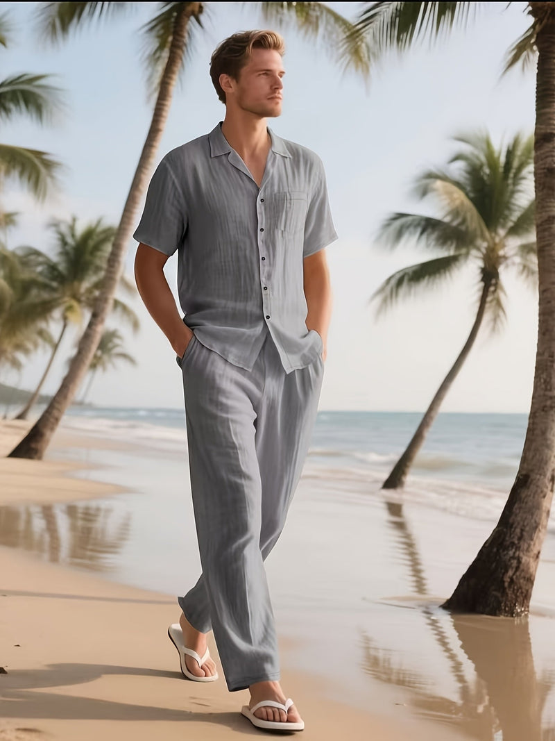 Męski Casualowy Zestaw Lnianych Ubrań – Wygodny i Przewiewny z Długimi Spodniami i Krótkim Rękawem