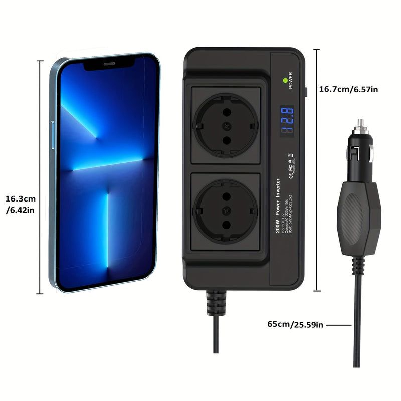 Kompaktowy 200W Inwerter Samochodowy – Podwójne Gniazda i Cztery USB