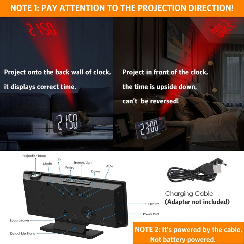 Projektor LED z budzikiem z regulacją 180° – Wyraźny wyświetlacz i funkcja drzemki do sypialni lub biura