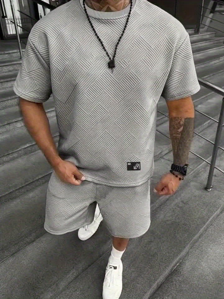 Męski Trendy T-shirt i Szorty z Żakardowym Wzorem – Casual i Sportowy na Gorące Dni