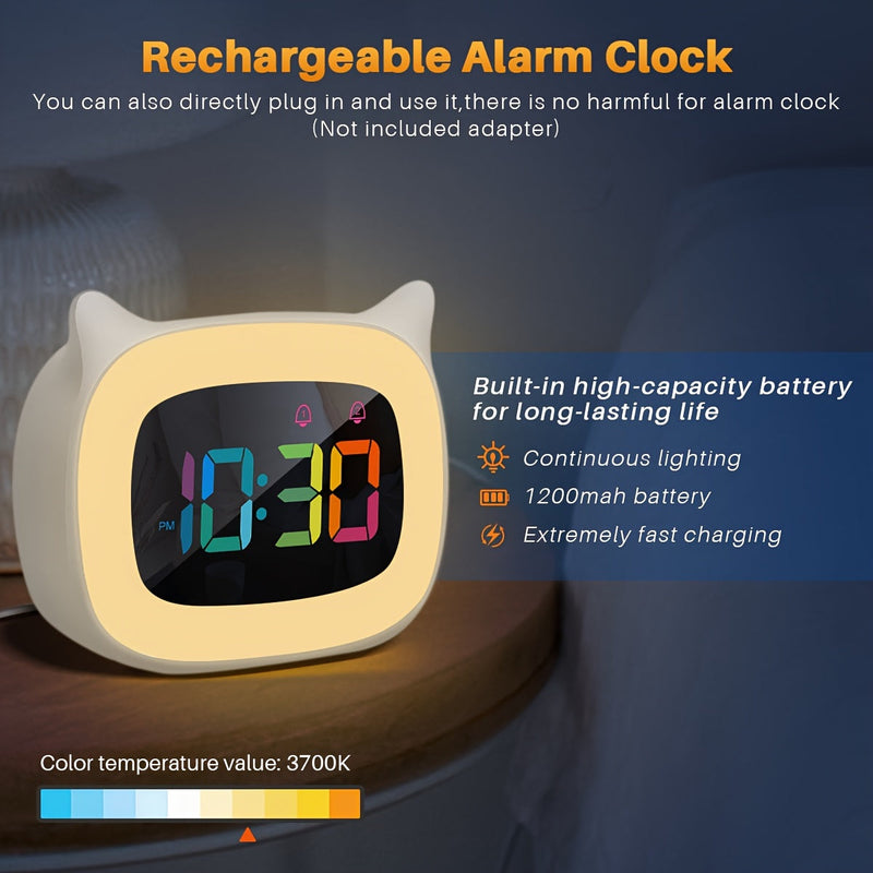 Uroczy Budzik z Kocimi Uszkami – RGB Lampka Nocna z 18 Melodiami i Ładowaniem USB