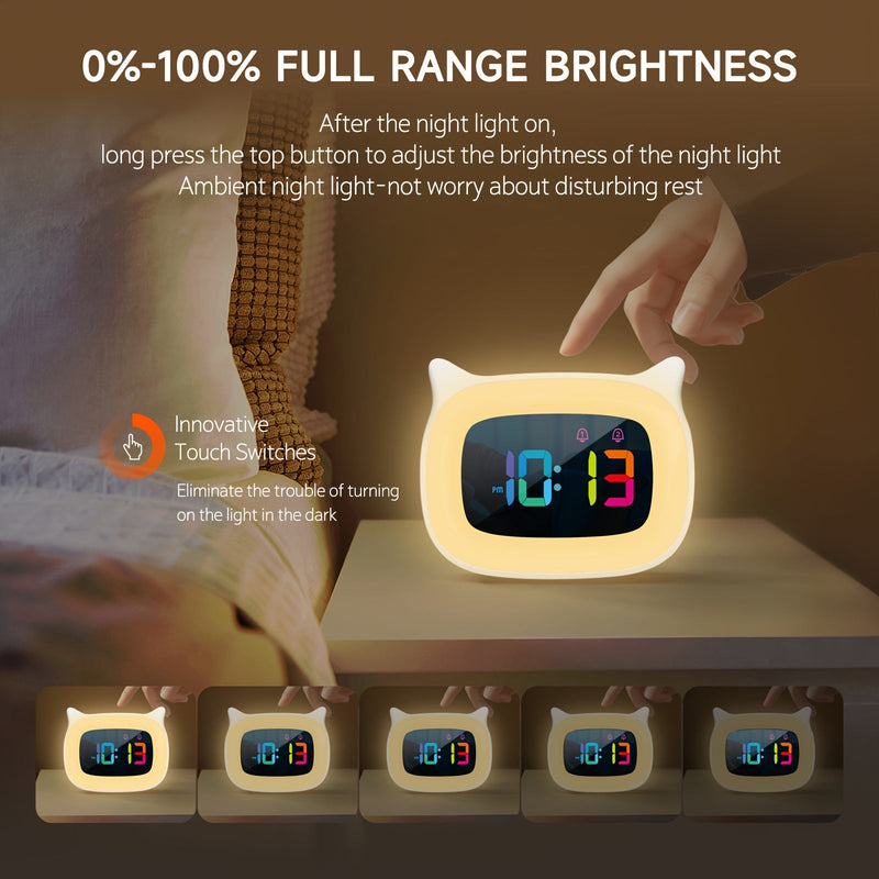 Uroczy Budzik z Kocimi Uszkami – RGB Lampka Nocna z 18 Melodiami i Ładowaniem USB