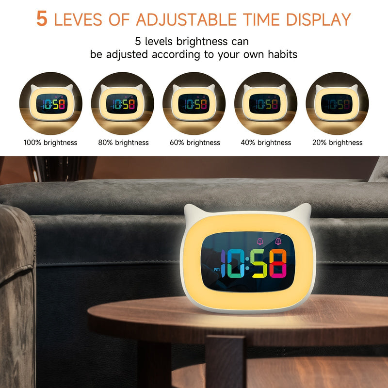 Uroczy Budzik z Kocimi Uszkami – RGB Lampka Nocna z 18 Melodiami i Ładowaniem USB