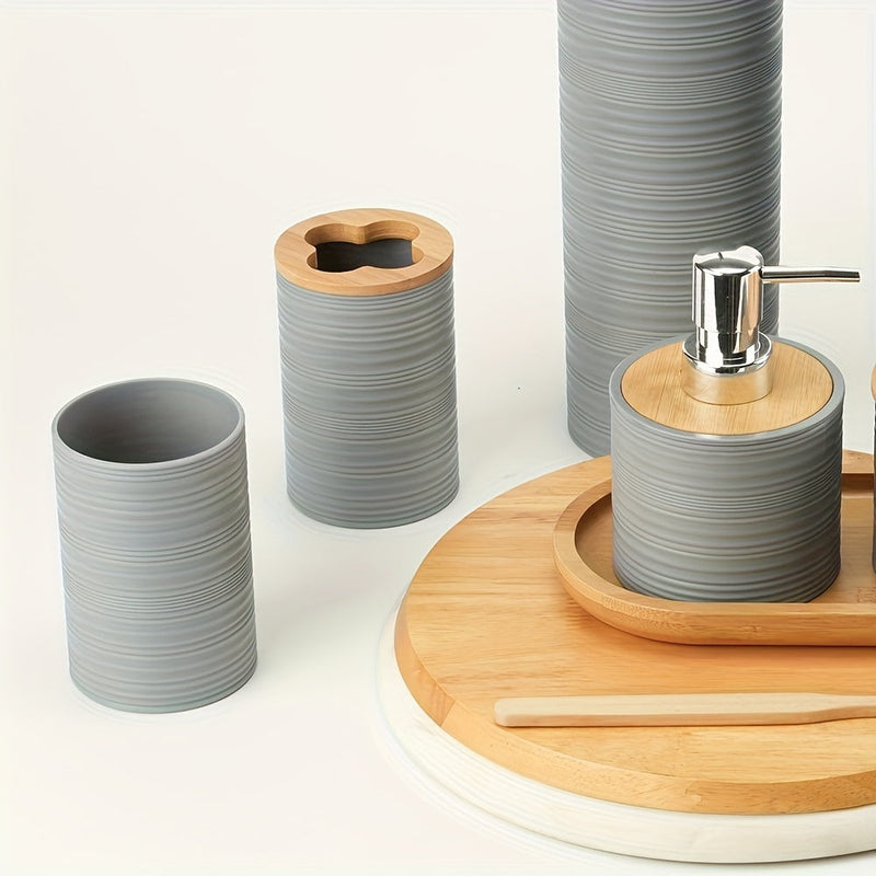 Nowoczesny Zestaw Łazienkowy z Akcentami Bambusa – Zorganizowany i Elegancki w Jednym