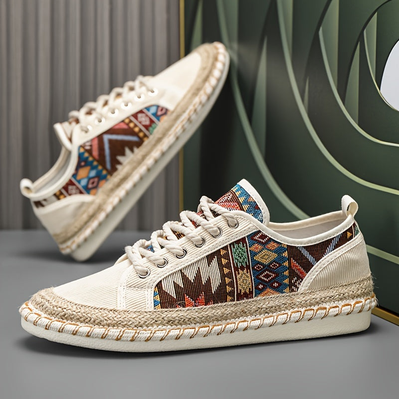 Boho Espadryle Sneakersy dla Mężczyzn – Oddychająca Kanwa z Kolorowym Haftem