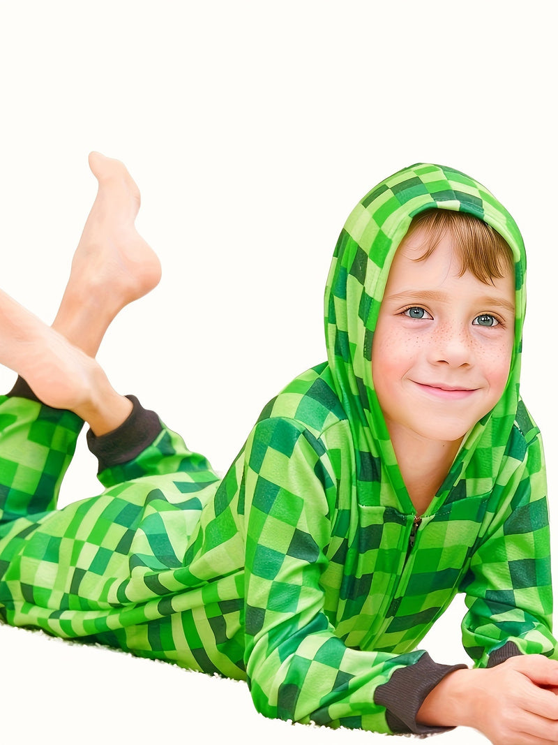 Minecraft Inspirowany Zielony Wzór Kratki Onesie dla Dzieci – Idealny na Halloween i Imprezy