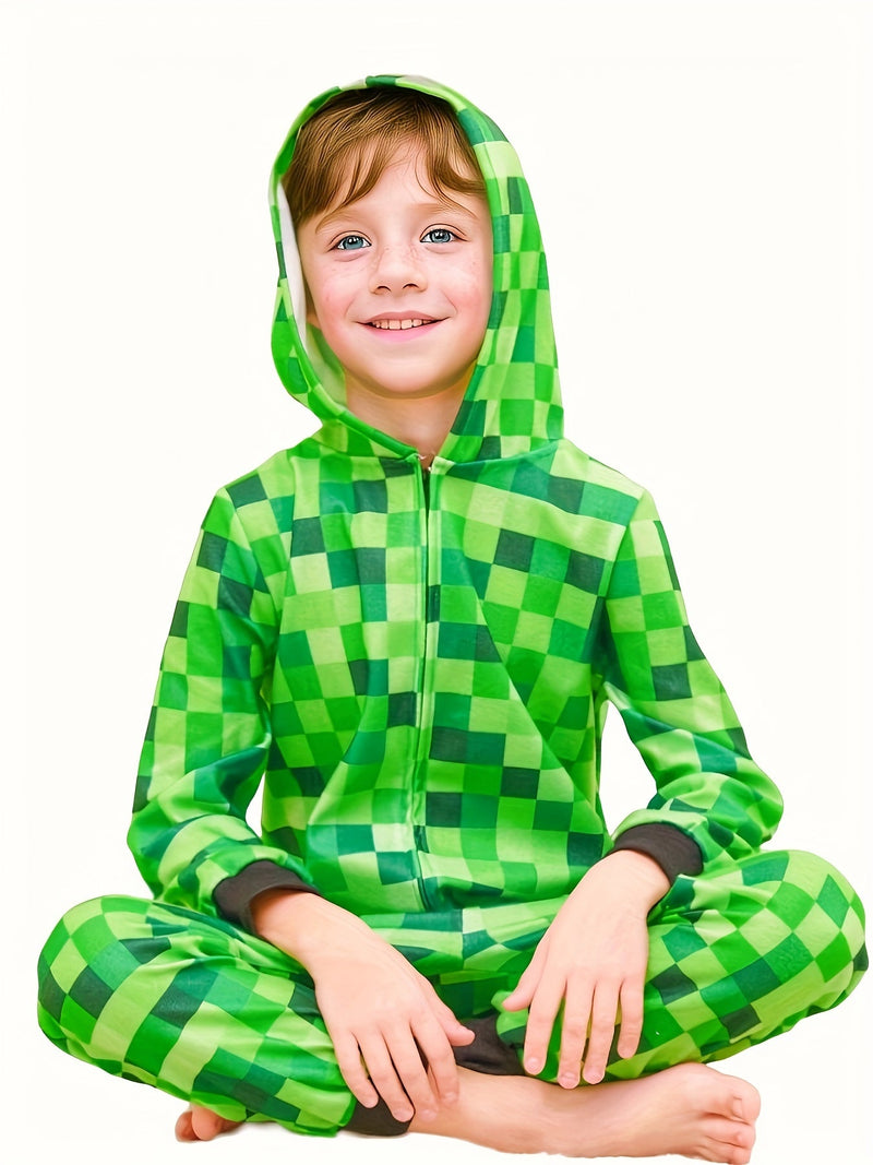 Minecraft Inspirowany Zielony Wzór Kratki Onesie dla Dzieci – Idealny na Halloween i Imprezy