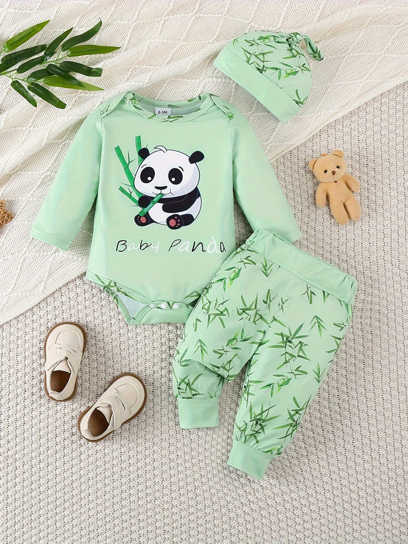 Słodki Zestaw Baby Panda – Body, Spodnie i Czapka na Przygody na Zewnątrz