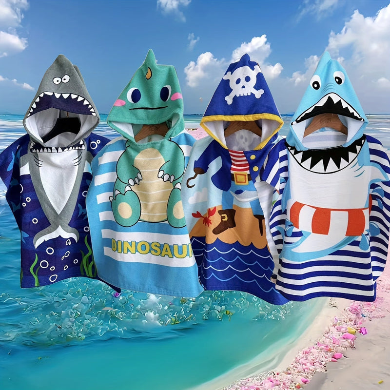 Gyerekeknek szánt strandtörölköző rajzfilm dinoszauruszokkal és kalózokkal – Puha fürdőlepedő kapucnival
