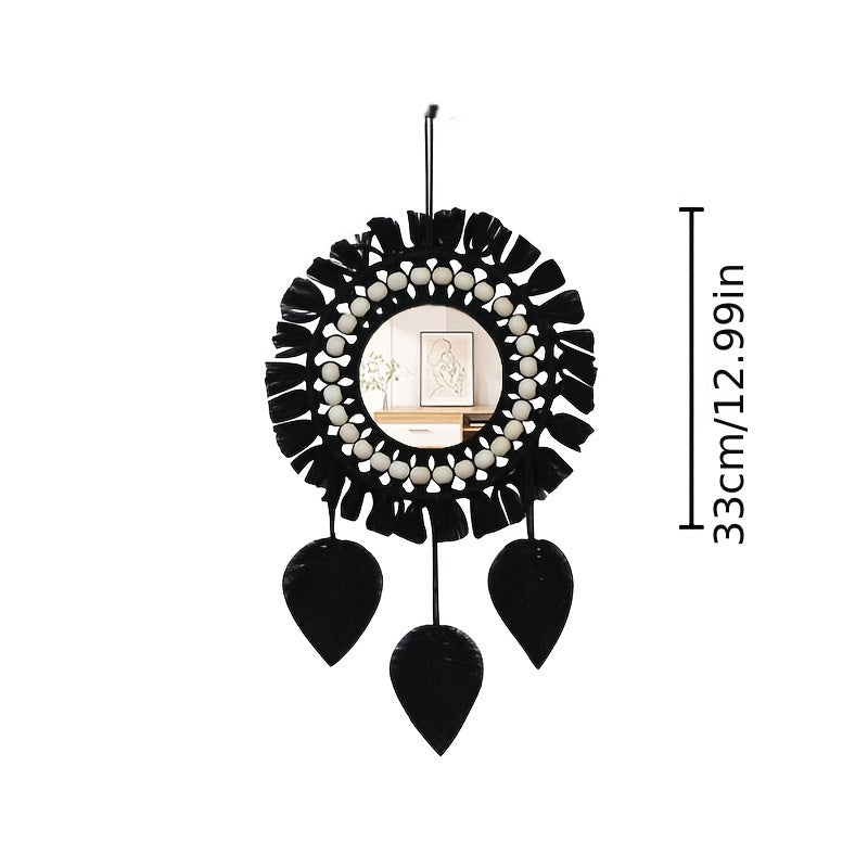 Boho Wall Mirror with Macramé and Tassels – Decorative Mirror with Beads and Feathers