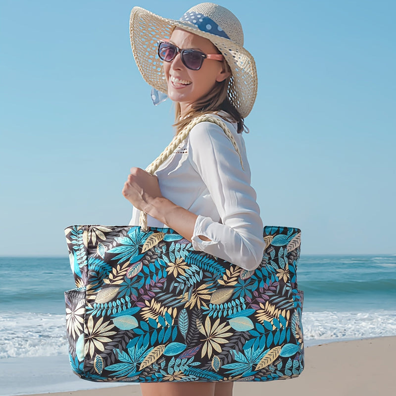 Modna Duża Torba Plażowa z Wzorem Liści - Przestronna, Trwała i Idealna na Wakacje