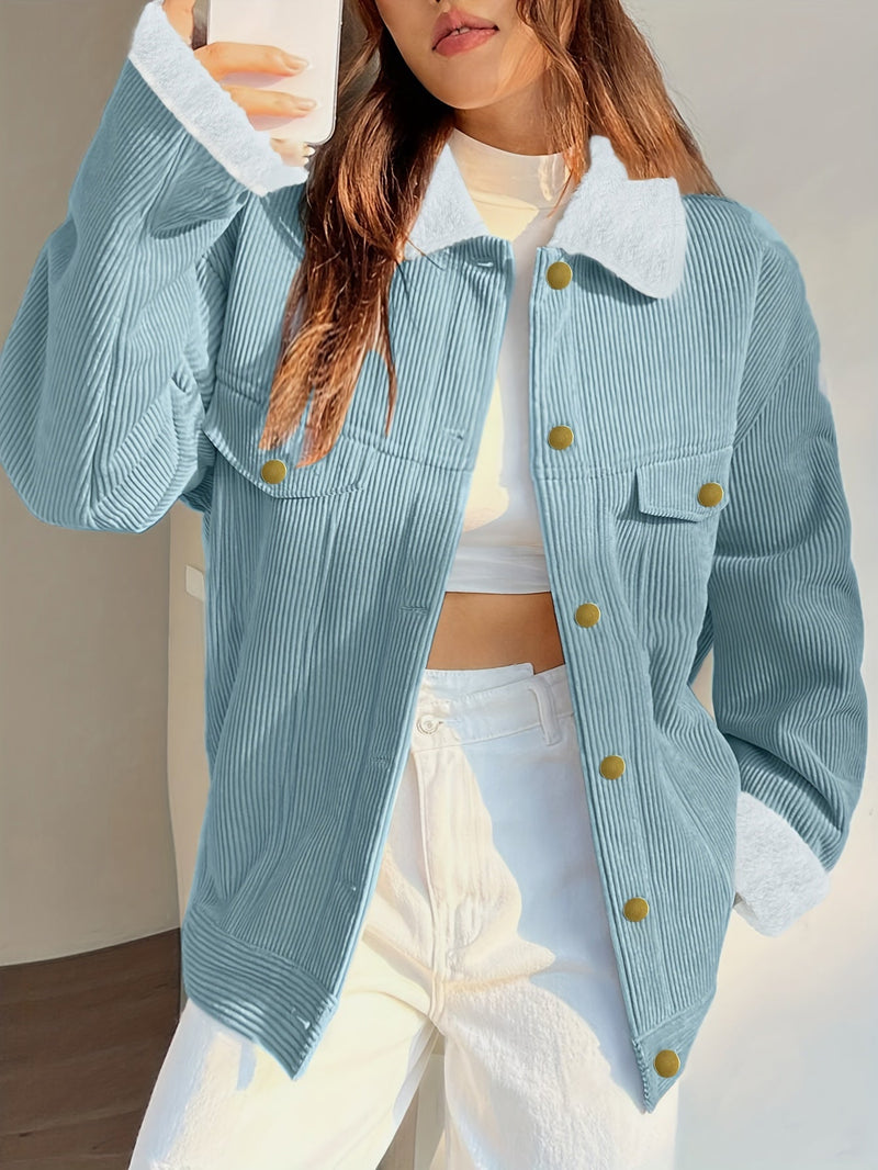 Stylowa Kurtka Damska na Jesień i Zimę – Jednolity Kolor z Kołnierzem i Guzikami