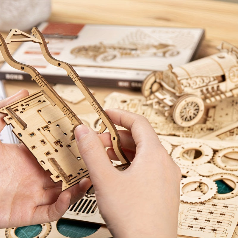 Vintage 3D Drewniana Układanka Samochodowa – Model Mechaniczny z Zębatkami i Szczegółowym Projektem