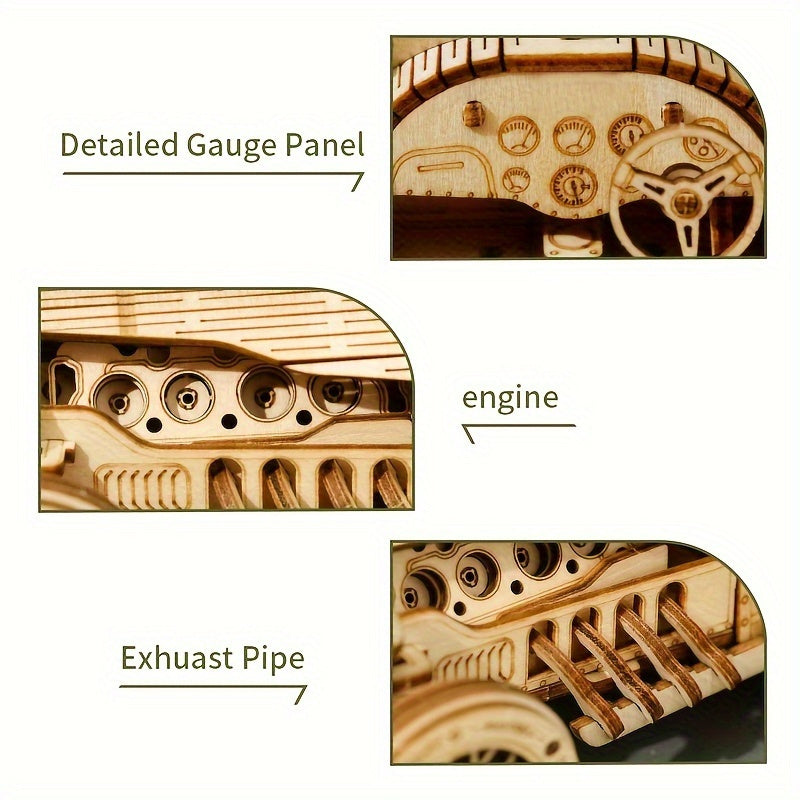 Vintage 3D Drewniana Układanka Samochodowa – Model Mechaniczny z Zębatkami i Szczegółowym Projektem