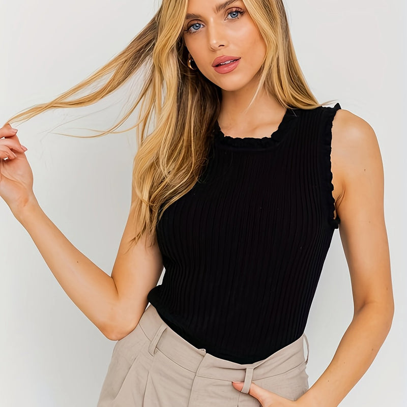 Elegancka Top bez Rękawów z Błyszczącymi Pasami i Kraciastymi Krawędziami