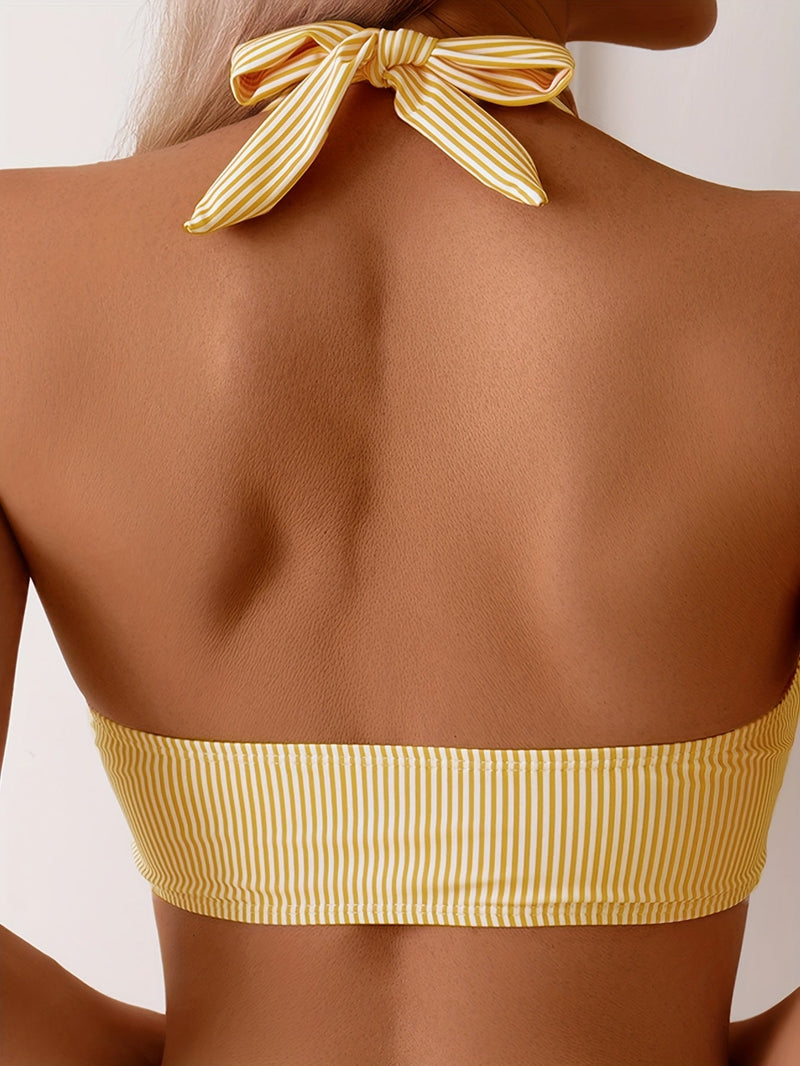 Zestaw Bikini Damski z Fajnym Wzorem w Paski i Szyją Halter – Wygodny i Modny