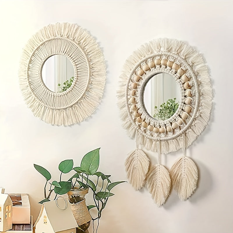 Boho Wall Mirror with Macramé and Tassels – Decorative Mirror with Beads and Feathers