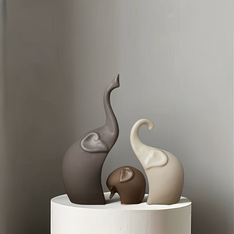 Set of 3 Ceramic Elephant Figurines – Modern Matte Decoration for Living Room or Office