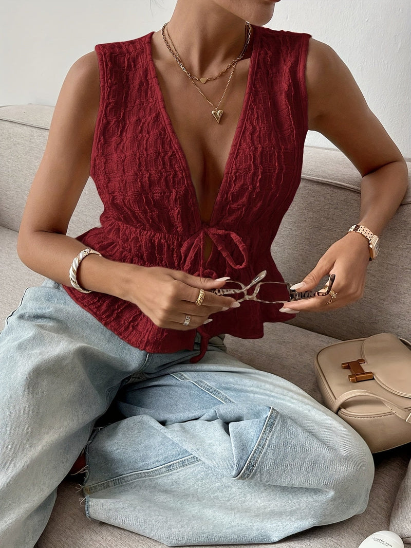 Bluză casual elegantă damă fără mâneci – stil francez cu decolteu în V și volane