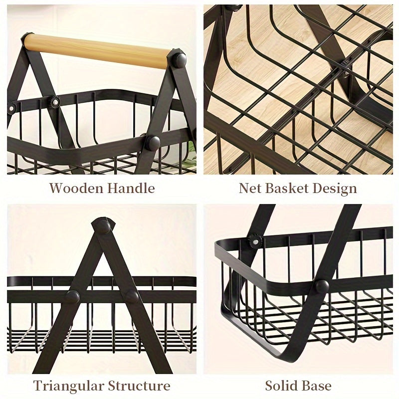 Kosz do przechowywania z dwoma i trzema poziomami z drewnianym uchwytem - Stylowe rozwiązanie do kuchni i łazienki