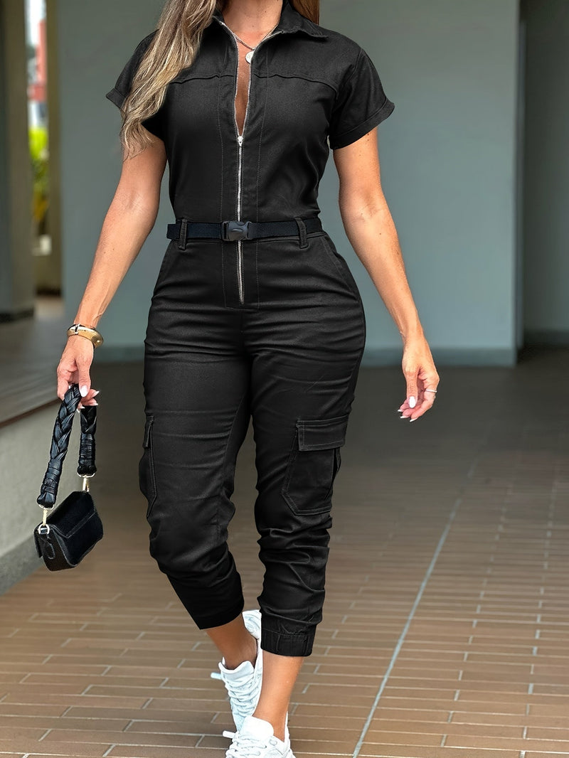 Casual Cargo Jumpsuit dla Dams – Zamek, Krótkie Rękawy i Funkcjonalne Kieszenie