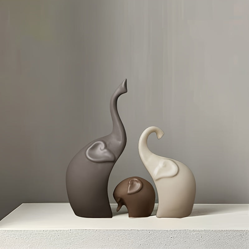 Set of 3 Ceramic Elephant Figurines – Modern Matte Decoration for Living Room or Office