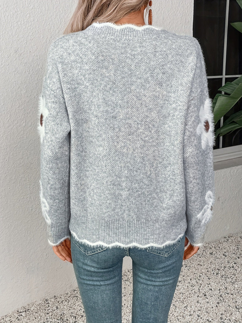 Elegancki Sweter Kwiatowy z Dekoltem w Serek – Idealny na Wiosnę i Jesień