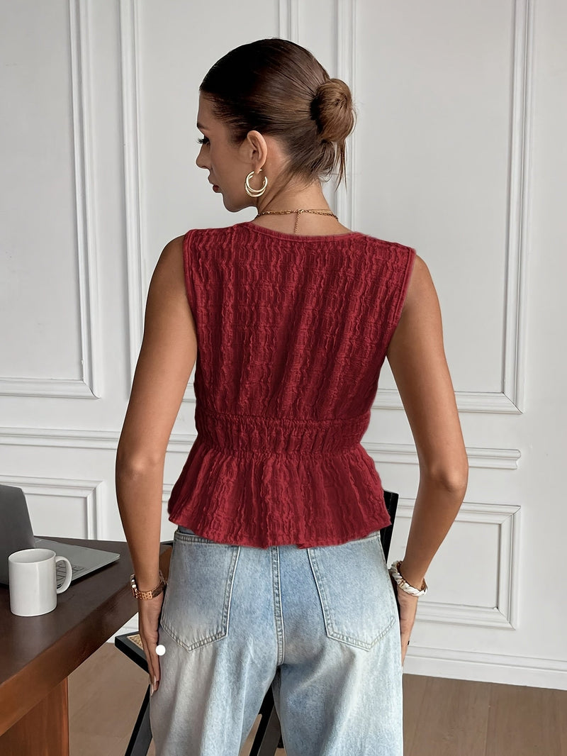 Bluză casual elegantă damă fără mâneci – stil francez cu decolteu în V și volane