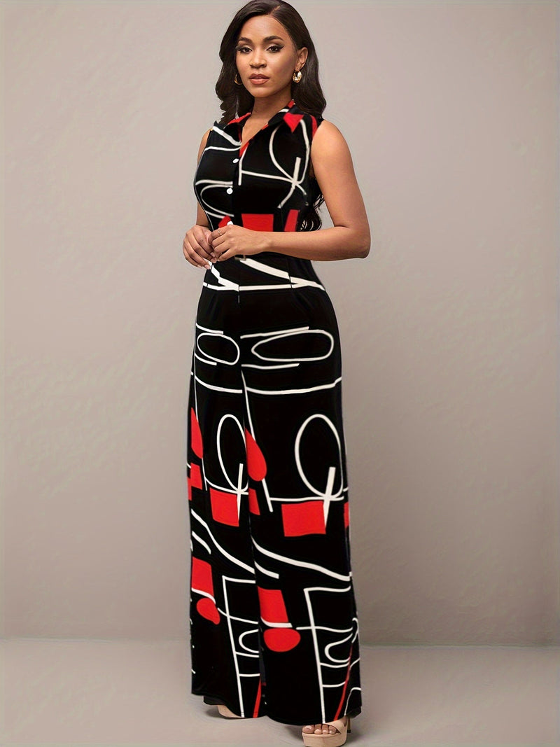 Elegancki Kombinezon z Geometrycznym Wzorem – Szerokie Nogawki i Pasek na Imprezy i Codzienne Stylizacje