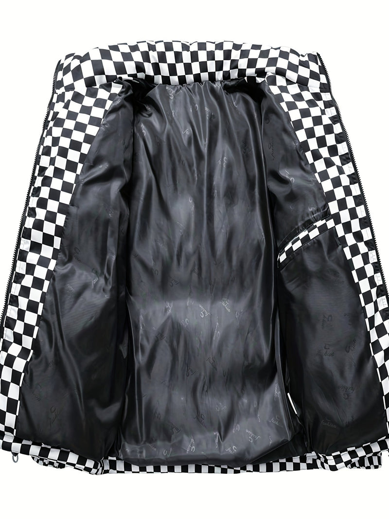 Stylowa Puchowa Kurtka w Kratę dla Mężczyzn – Oddychająca i Ciepła Kurtka Zimowa z Stojącym Kołnierzem