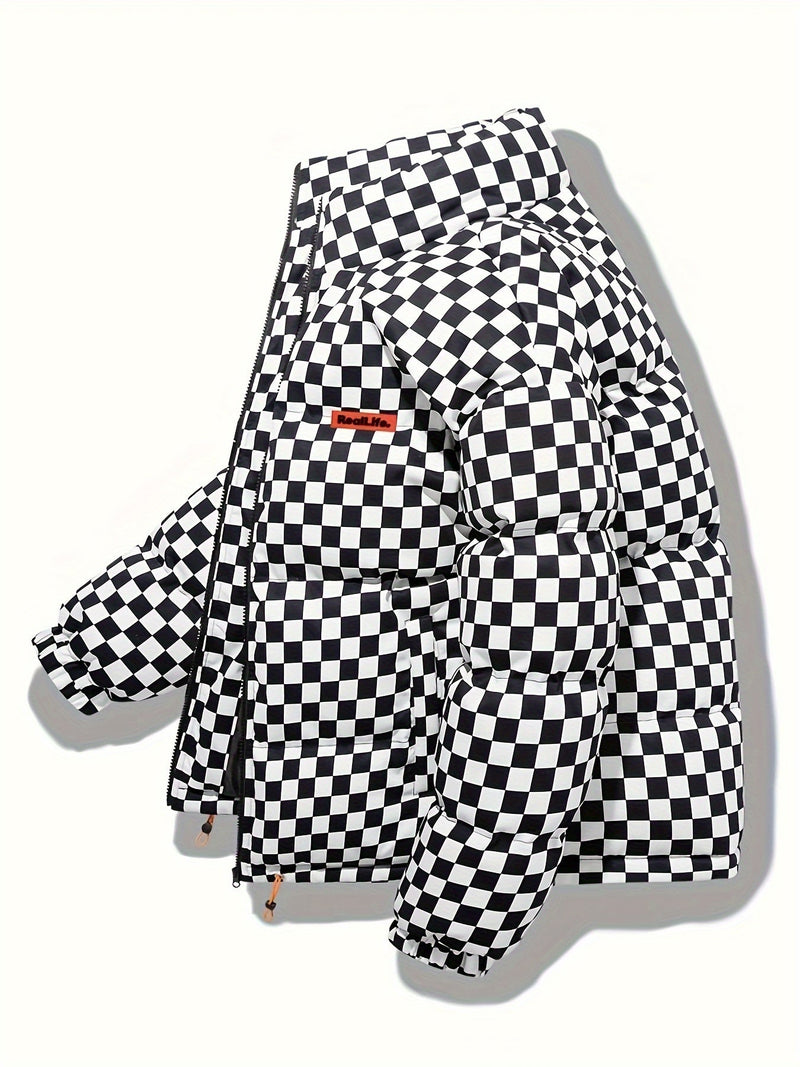 Stylowa Puchowa Kurtka w Kratę dla Mężczyzn – Oddychająca i Ciepła Kurtka Zimowa z Stojącym Kołnierzem